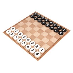 Schuin bovenaanzicht van Check 10 speelbord met genummerde schijven op houten bord van clown games