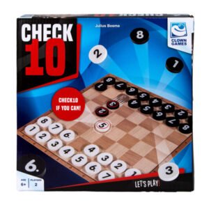 Bordspel Check 10 van Clown Games met kleurrijke verpakking en speelstukken