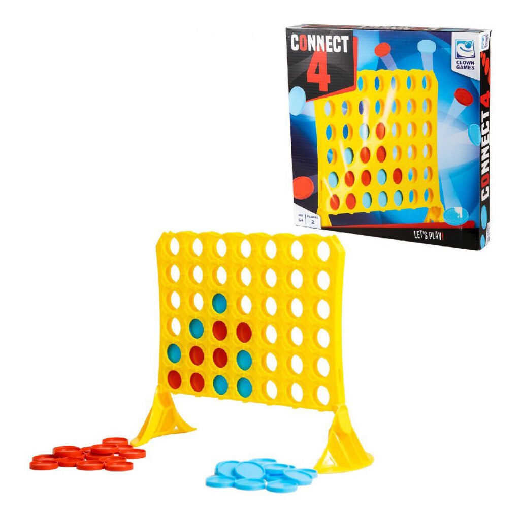 Connect 4 spel met doos en losse rode en blauwe schijven Clown Games Connect4 Bordspel