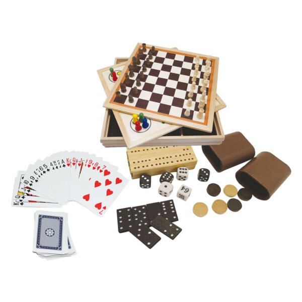 Complete houten spelset met schaakbord, speelkaarten, dobbelstenen en dominostenen Clown Games 9-In-1 Spellendoos Hout