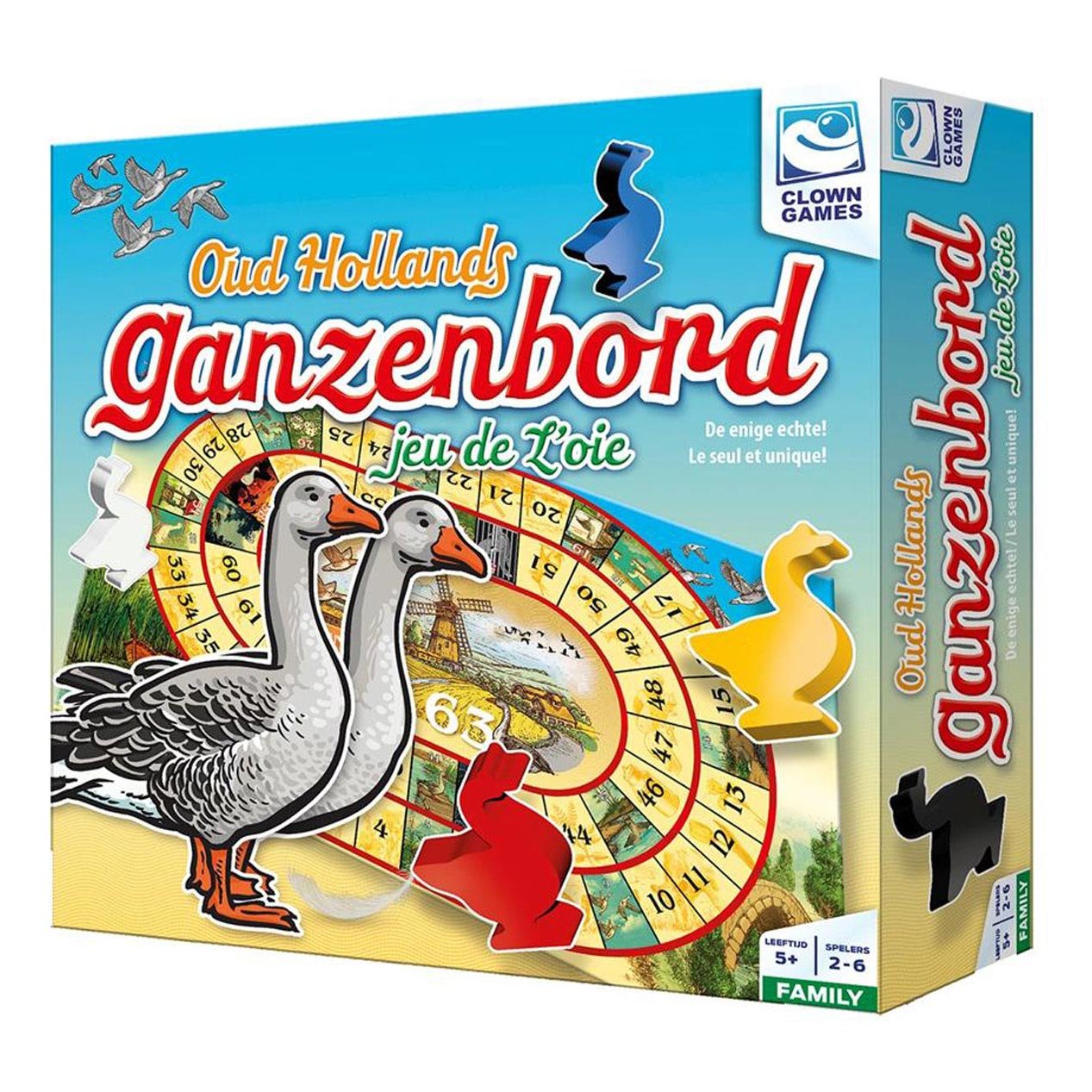 clown-games-oud-hollands-ganzenbord-gezelschapsspel Oud Hollands Ganzenbord gezelschapsspel van Clown Games met kleurrijke speelstukken en klassiek speelbord Clown Games Ganzenbord Deluxe