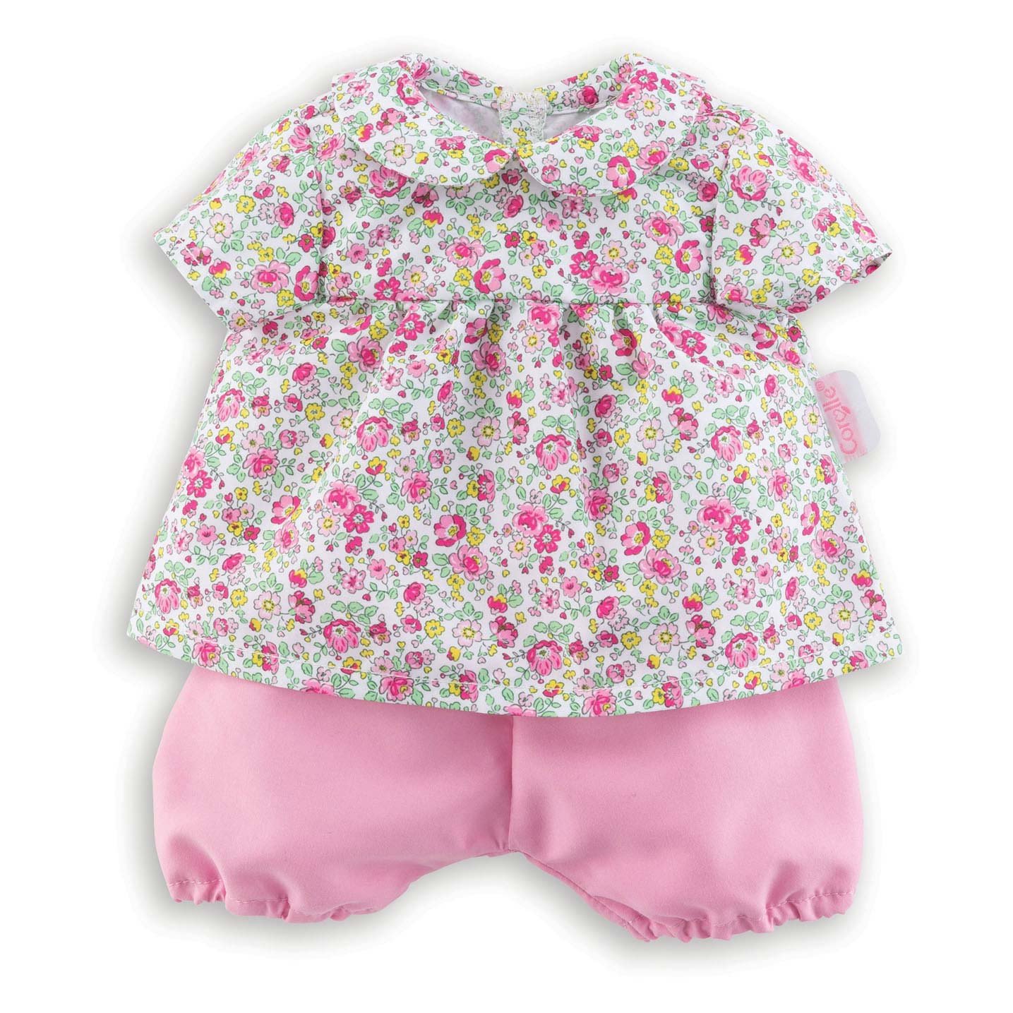 corolle-baby-poppenoutfit-bloemenprint-roze-broekje Corolle Mon Grand Poupon - Poppenoutfit Blossom Garden babypop met roze bloemmotief en roze broekje op witte achtergrond