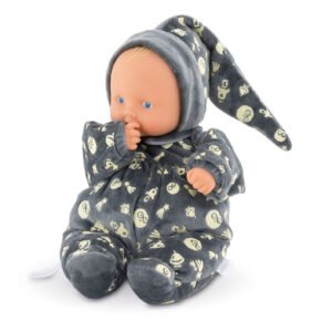 corolle Babypop met blauw ogen in donkergrijs pyjama met glow-in-the-dark patronen