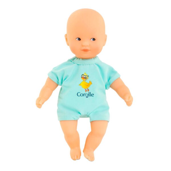 Corolle mini bad babypop - blauw met eendprint in turquoise romper op witte achtergrond
