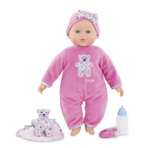 Babypop corolle rechtop met roze onesie, flesje en knuffeldoekje