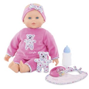 Corolle Mon Grand Poupon Interactieve Babypop Lucille in roze outfit met accessoires zoals flesje, slabbetje en knuffelbeer