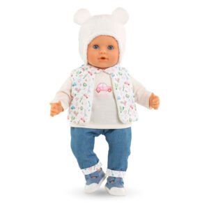 Babypop gekleed in winteroutfit met berenmuts, vest en jeans van Corolle