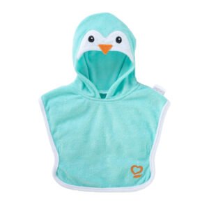 Turquoise Corolle badcape voor babypop - pinguin met capuchon en pinguïn gezicht