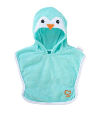 Turquoise Corolle badcape voor babypop - pinguin met capuchon en pinguïn gezicht