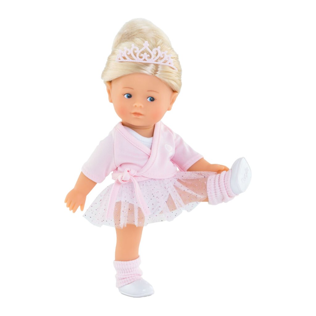Pop met opgestoken haar en roze balletkleding in danspose Corolle Mini Corollines Rosy Ballerina Pop, 20cm