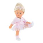 Pop met opgestoken haar en roze balletkleding in danspose Corolle Mini Corollines Rosy Ballerina Pop, 20cm