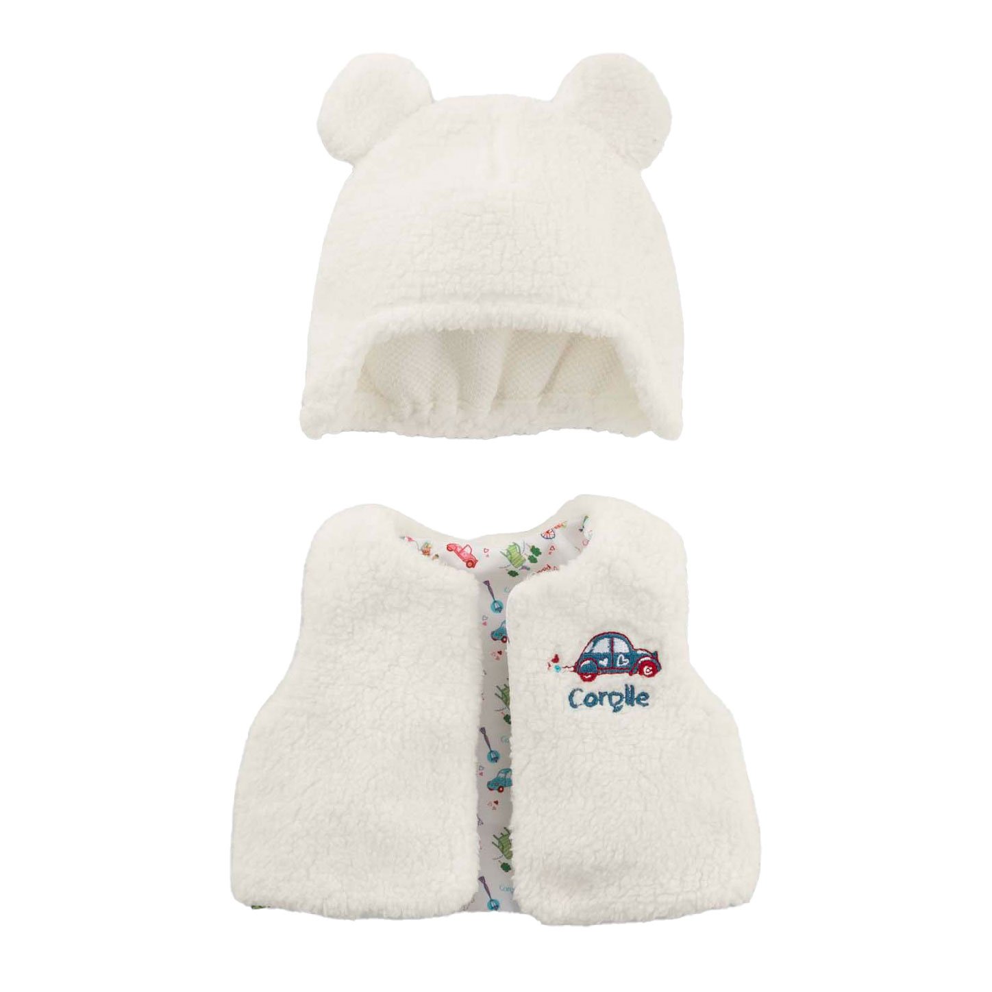 corolle-berenmuts-fleece-vestje-pop Zacht wit berenmutsje en fleece vestje voor babypop van Corolle Corolle Winterset voor Babypop, 36cm