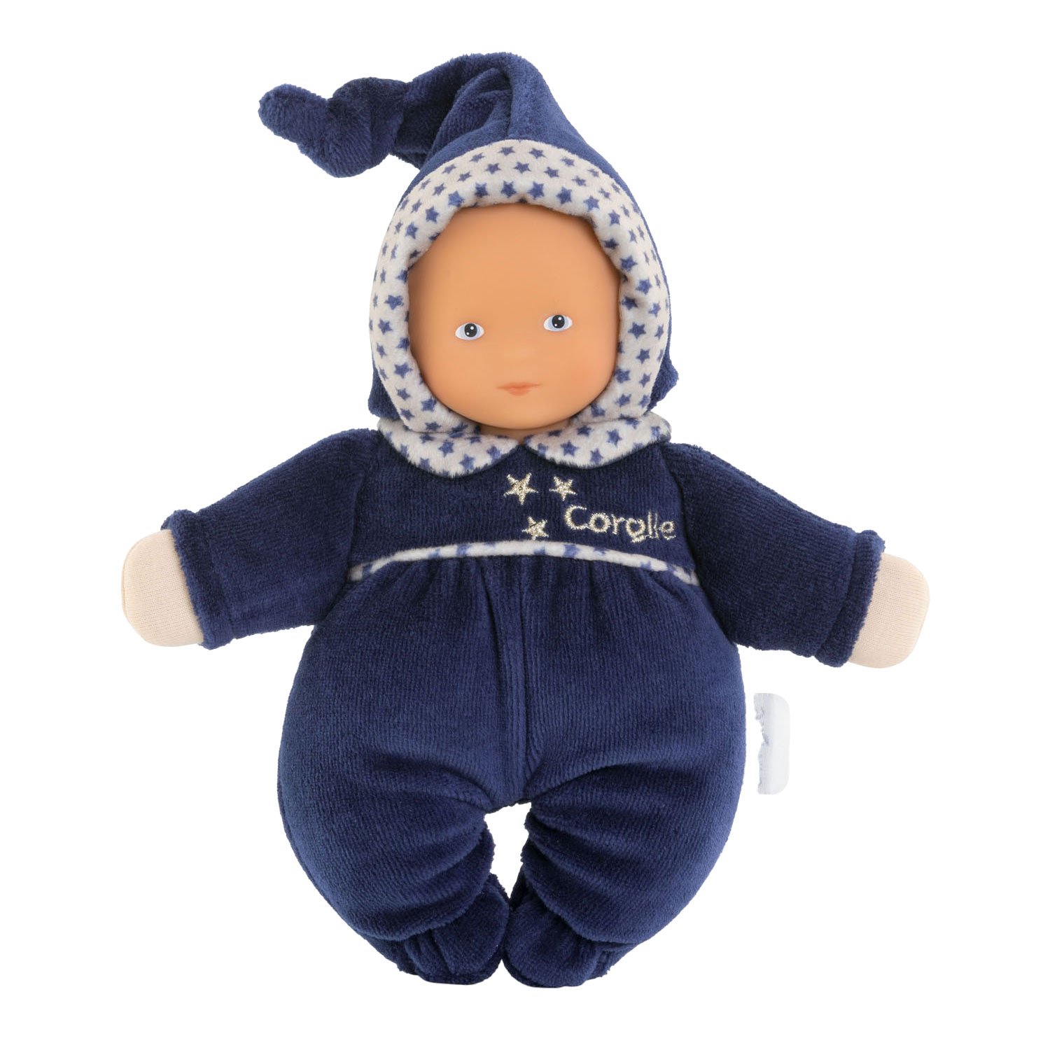 corolle-donkerblauw-lappenpopje-sterrenpakje Corolle mon doudou babidoux navy blue starry dreams babypop in donkerblauw sterrenpakje van Corolle