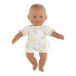 Donkere babypop met kleurrijke romper met konijntjesmotief Corolle Mon Premier Poupon Mini Calin Babypop - Konijn Bruine Ogen, 20cm