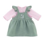 Groen poppenjurkje met roze shirt en geborduurd Corolle logo op de voorkant Corolle Mon Grand Poupon Jurk en T-Shirt, 42cm