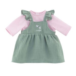Groen poppenjurkje met roze shirt en geborduurd Corolle logo op de voorkant Corolle Mon Grand Poupon Jurk en T-Shirt, 42cm