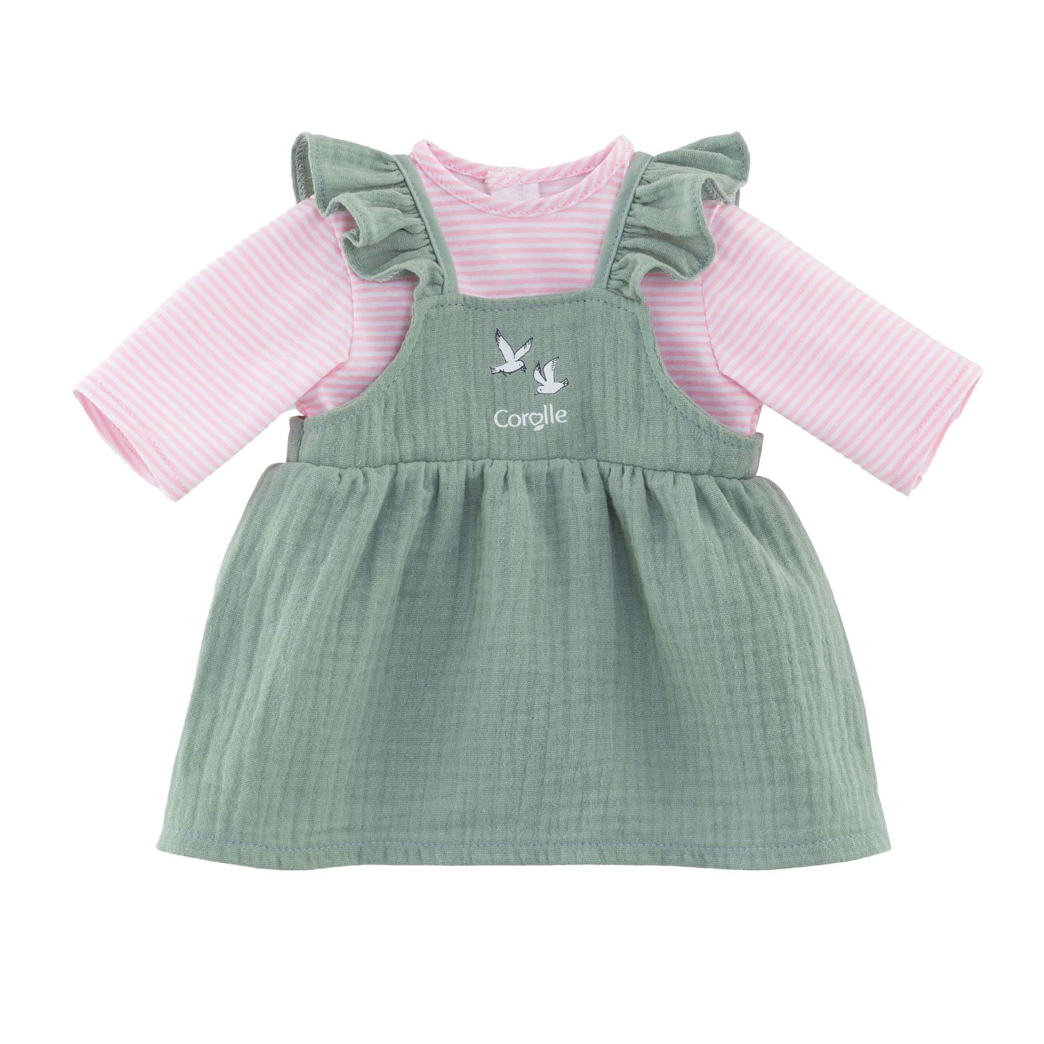 corolle-groen-poppenjurkje-roze-shirt-logo Groen poppenjurkje met roze shirt en geborduurd Corolle logo op de voorkant Corolle Mon Grand Poupon Jurk en T-Shirt, 42cm
