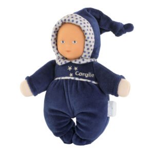 Donkerblauw knuffelpopje Corolle met sterrenmuts