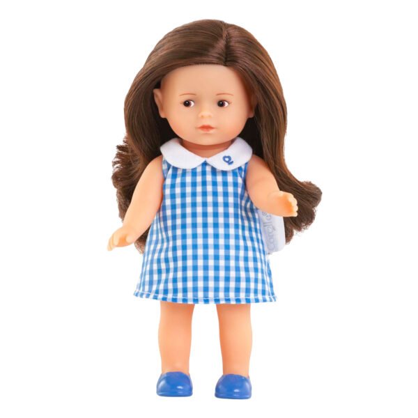 Corolle Mini Corolline Romy pop met lange bruine haren en blauwe geruite jurk Corolle Mini Corolline Romy Pop