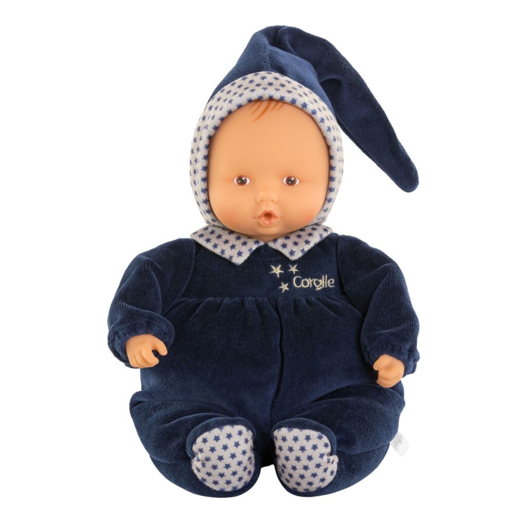 Pluche Corolle pop in donkerblauw sterrenpyjama met slaapmuts Corolle Mon Doudou Babipouce Blue Starry Dreams Babypop, 28cm