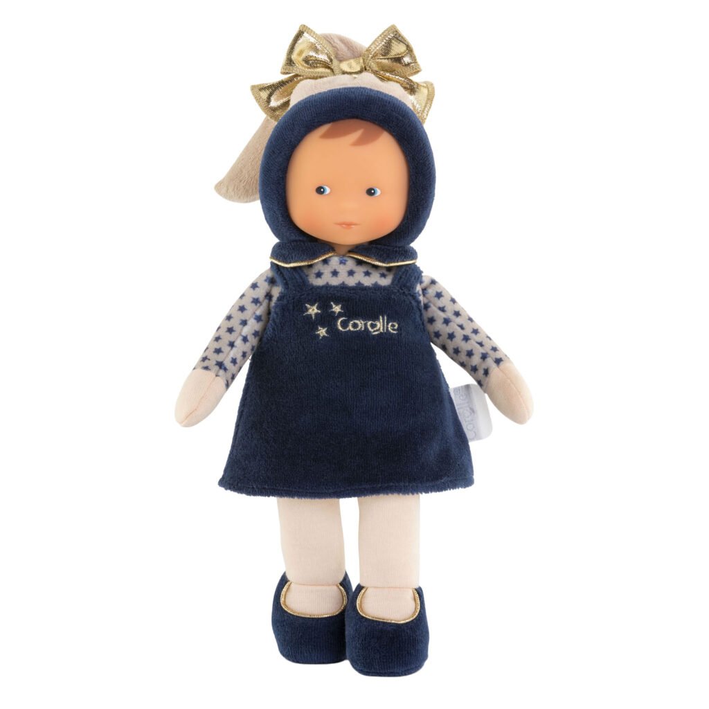 Pluche Corolle pop in donkerblauwe outfit met sterren en gouden strik Corolle Mon Doudou Miss Navy Blue Starry Dreams Pop, 25cm
