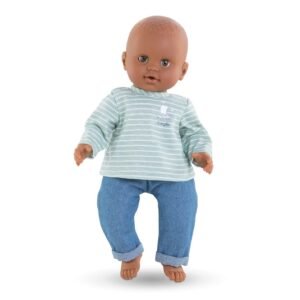 Donkere pop van 36 cm met Corolle outfit: groene gestreepte top en denim broek