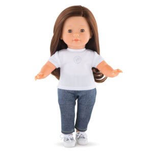 Corolle pop met lange bruine haren draagt spijkerbroek en wit shirt