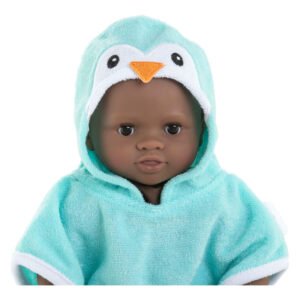 Donkere Corolle pop met turquoise pinguïnbadcape met capuchon