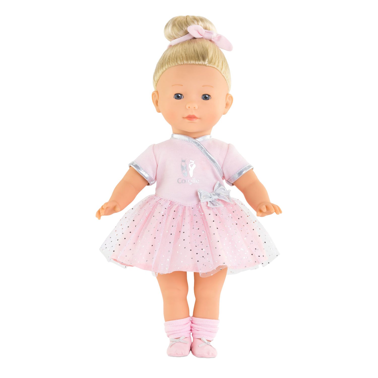 corolle-pop-roze-glitterjurk-knot-vooraanzicht Ma Corolle babypop ballerina met roze glitterjurk en knot, recht van voren gefotografeerd