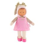 Pluche Corolle pop met roze jurkje en gouden strik op witte achtergrond Corolle Mon Doudou Miss Striped Starry Dreams Pop, 25cm