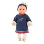 staande Corolle pop in blauwe jurk met rood geruite details en gouden schoentjes Corolle Babypop Calin Margaux Holidays, 30cm.