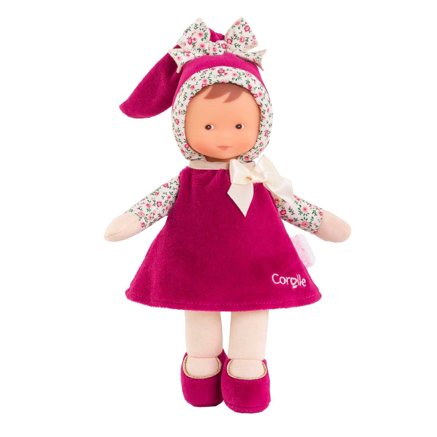 corolle-pop-staand-roze-jurk-bloemenprint Staande Corolle miss - roze grenadine pop in roze jurkje met bloemendetails