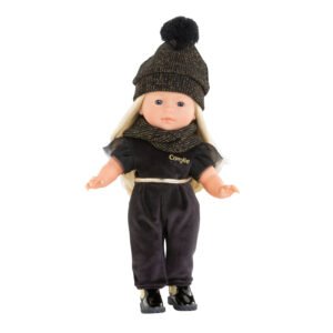 Corolle pop met zwarte glittermuts en sjaal, gekleed in zwart outfit