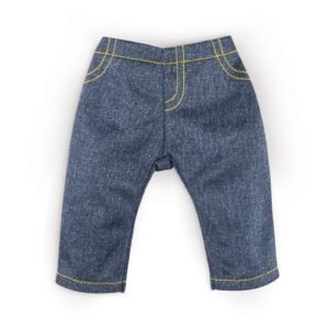 Ma Corolle - jeans donkerblauw met gele stiksels, plat neergelegd op witte achtergrond