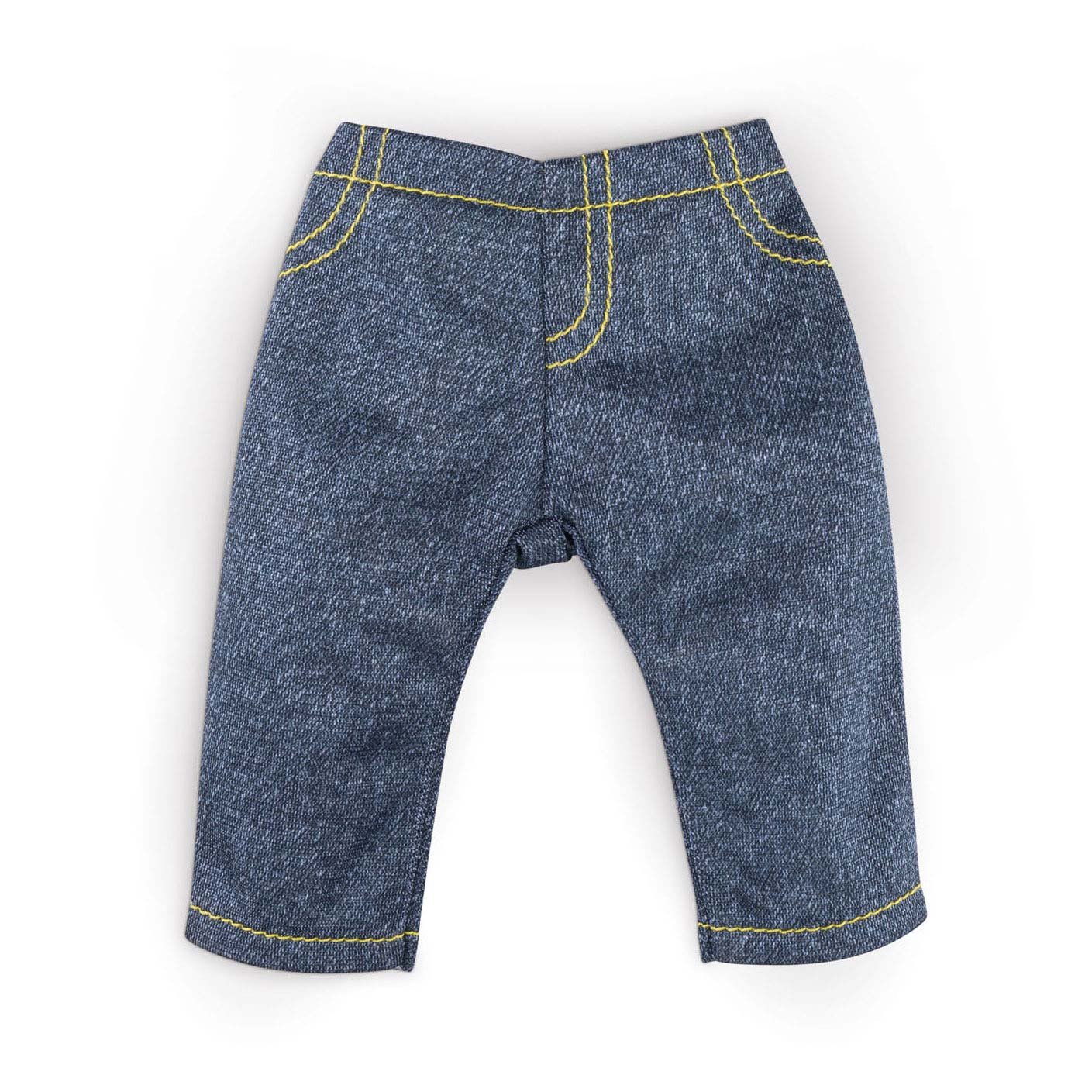 corolle-poppenjeans-donkerblauw-met-gele-stiksels Ma Corolle - jeans donkerblauw met gele stiksels, plat neergelegd op witte achtergrond
