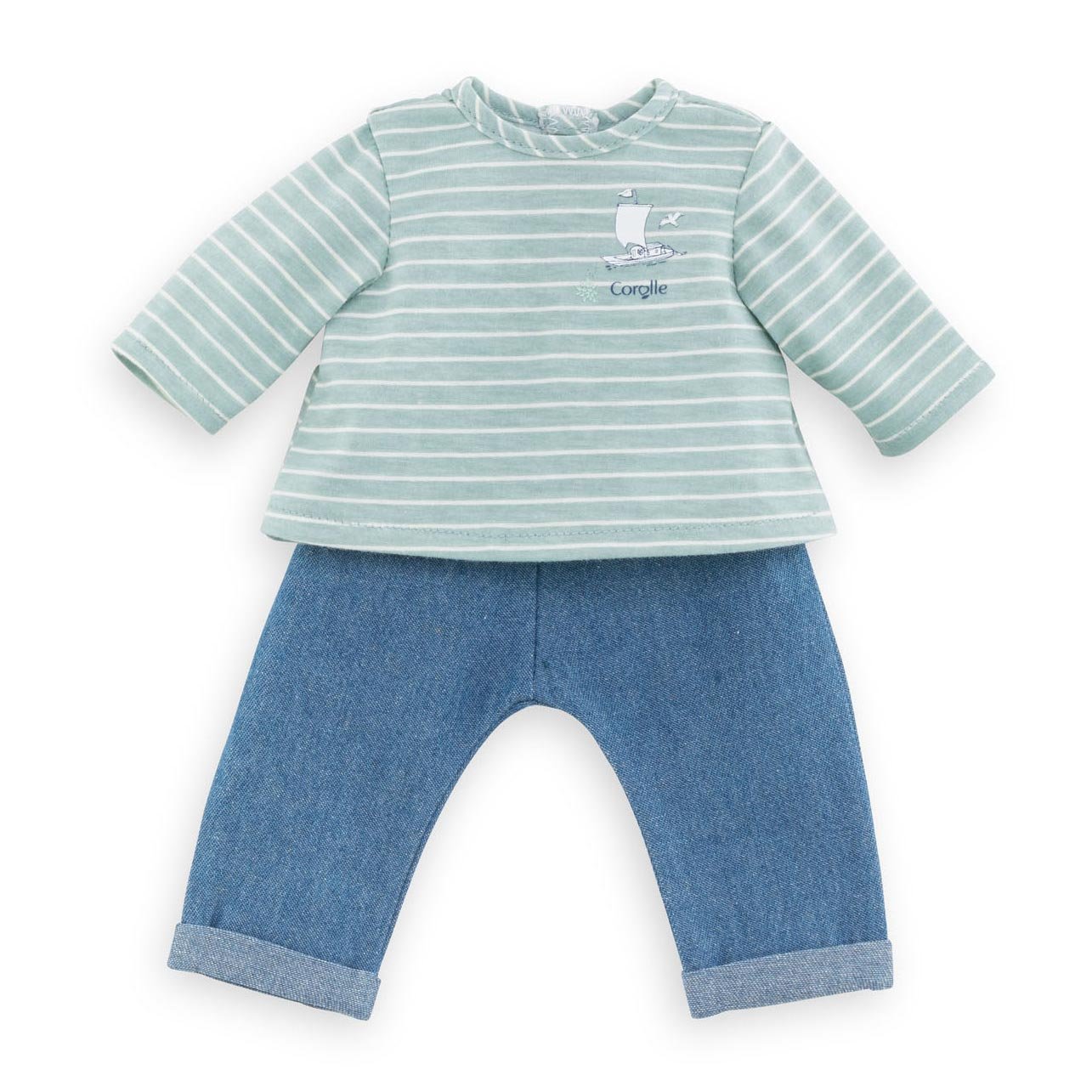 corolle-poppenkleding-mint-top-spijkerbroek Corolle mon grand poupon - poppen broek met shirt bestaande uit mintgroene gestreepte top en spijkerbroek