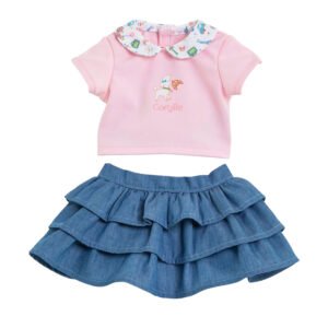Poppenkleding set met roze shirt en kraag, en blauwe gelaagde rok Corolle Rok met Ruches en T-Shirt voor Babypop