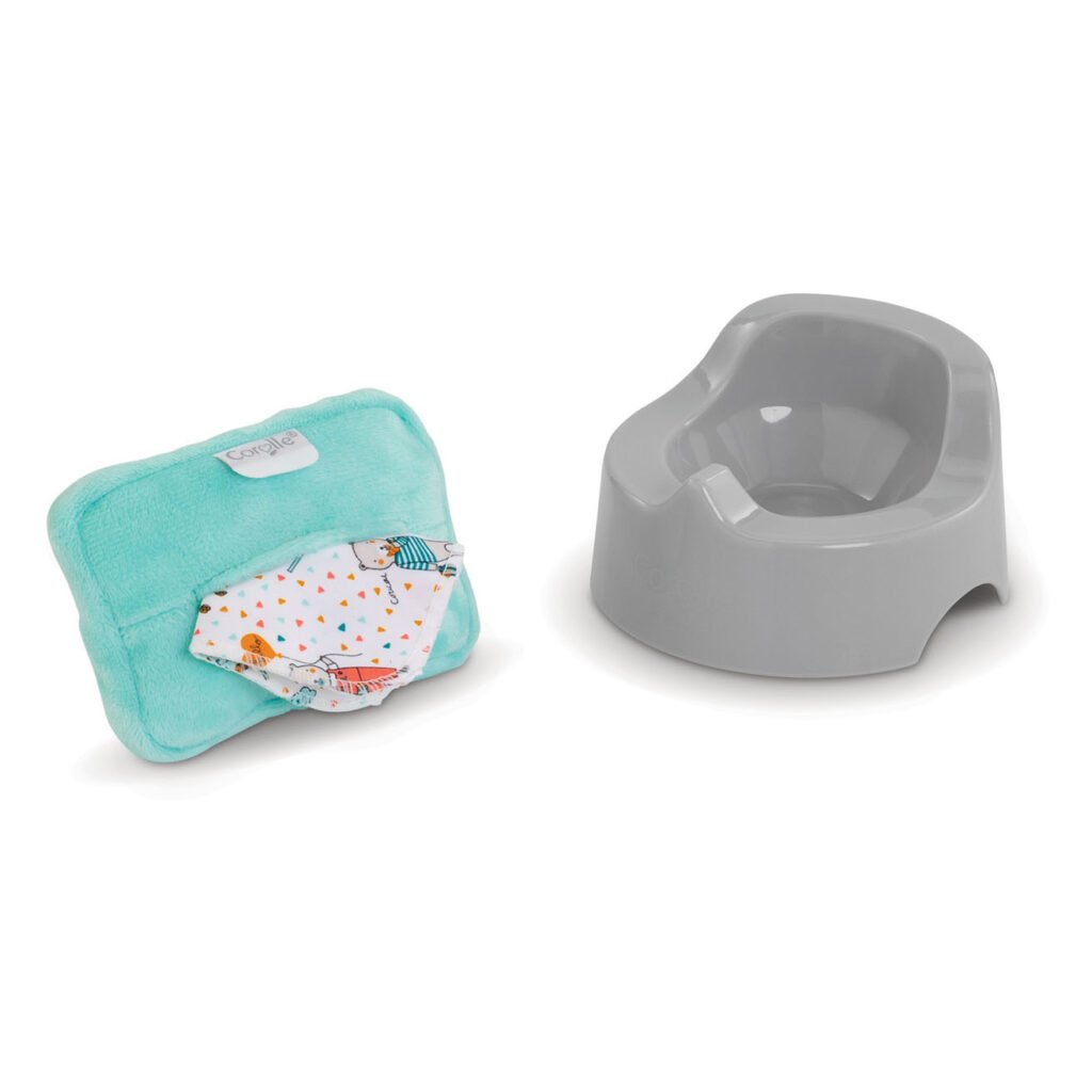 Grijze poppenpotje met turquoise tasje en kleurrijk onderbroekje – Corolle accessoire Corolle Mon Premier Poupon - Babypotje met Doekjes
