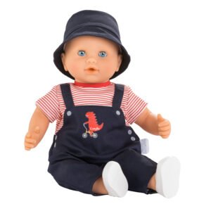 Corolle Zittende babypop met blauwe ogen en rood-wit gestreept shirt in tuinpak