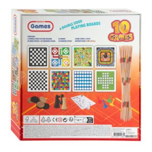 Achterkant van spellenbox met overzicht van 10 bordspellen en accessoires