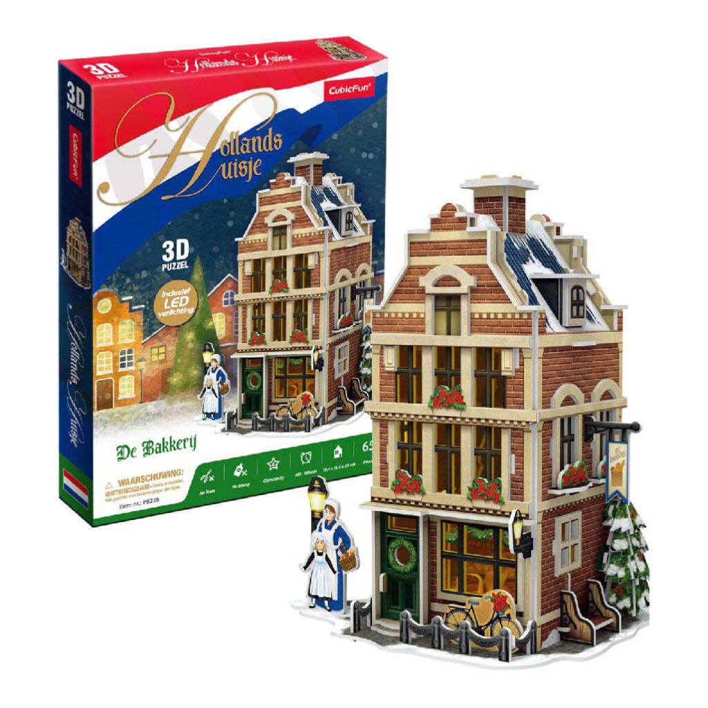 Cubic fun 3D puzzel Hollandse Bakkerij met LED verlichting met doos en gebouw in winterse sfeer