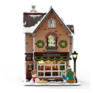 3D puzzel De Klompenmakerij met Nederlandse winterdecoratie en sneeuw vooraanzicht