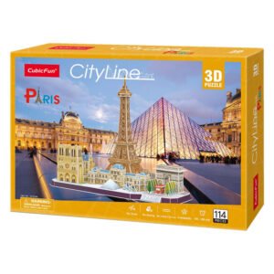 3D puzzel van Parijs met Eiffeltoren en het Louvre op kleurrijke doos van Cubic Fun