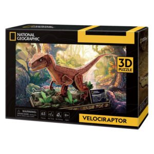 3D puzzel van een Velociraptor van National Geographic in kleurrijke jungle verpakking