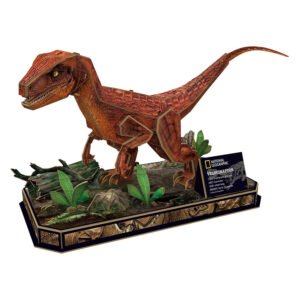 Gedetailleerd model van een Velociraptor 3D puzzel op een decoratief display