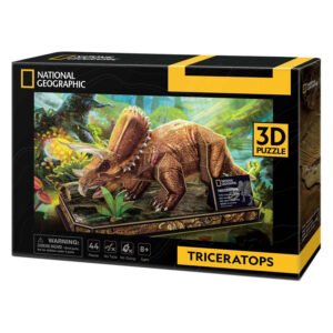 Verpakking van de National Geographic 3D Triceratops puzzel met kleurrijke achtergrond