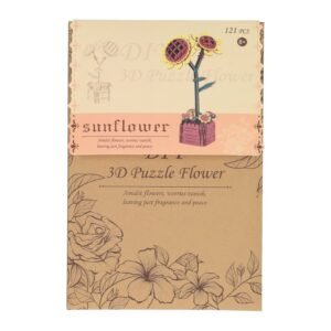 Verpakking van DIY 3D zonnebloem puzzel met illustratie van het eindresultaat