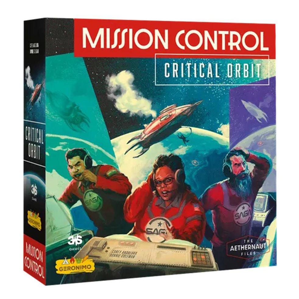 Mission Control Critical Orbit bordspel met retro sciencefiction box art en bemanning in rood ruimtepak Mission Control Critical Orbit Bordspel