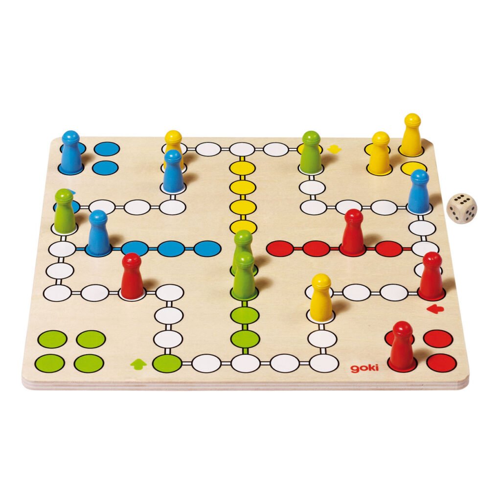 Houten Goki bordspel met gekleurde pionnen en dobbelsteen Goki Houten Ludo