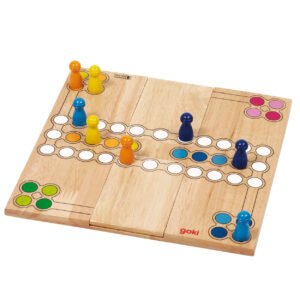 Ludo-spel van hout met felle kleuren pionnen in startpositie van Goki